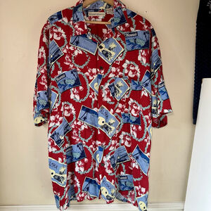 Vintage Munsingwear Hawaiian Shirt  Mens XLT Red Beach Floral Loud Rayon